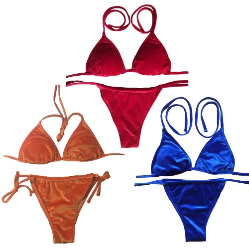 Sexy Women Velvet Bikini Set Self-tie Halter Bandage Thong Solid Swimwear Beach Swimsuit Bathing Suit Blue/Red/Orange