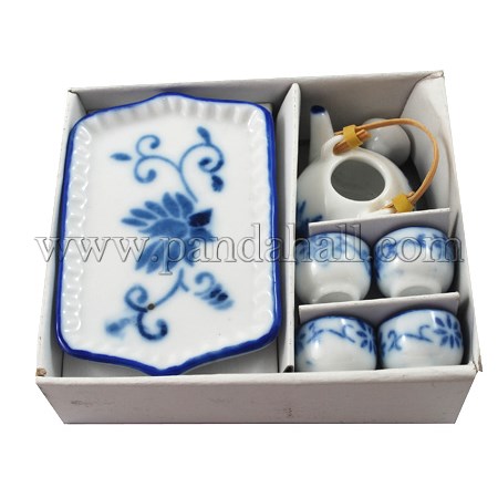 Porcelain Tea Set, Blue, saucer: 61mm long, 40mm wide, 7mm thick, teapot: 24mm long, 32mm wide, 26mm thick, teacup: 15mm in diameter, 11mm thick