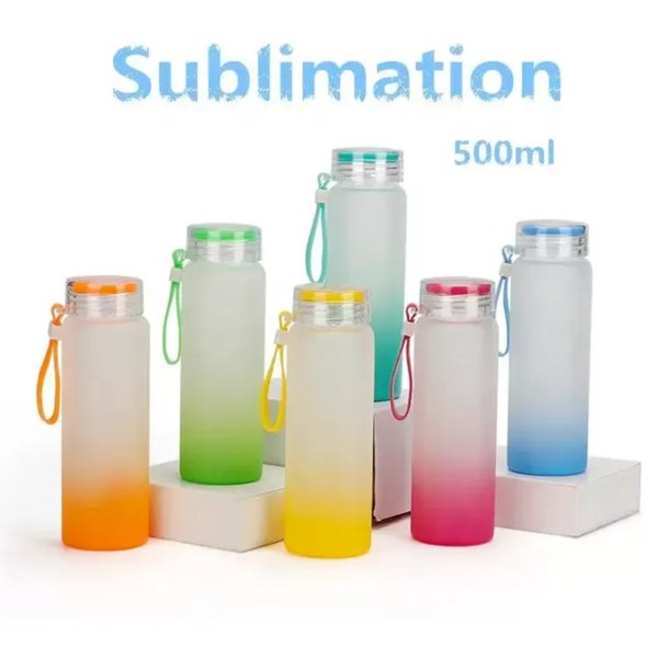Sublimation Mug Water Bottle 500ml Frosted Glass Water Bottles gradient Blank Tumbler Drink ware Cups Gradient Color sxjun12