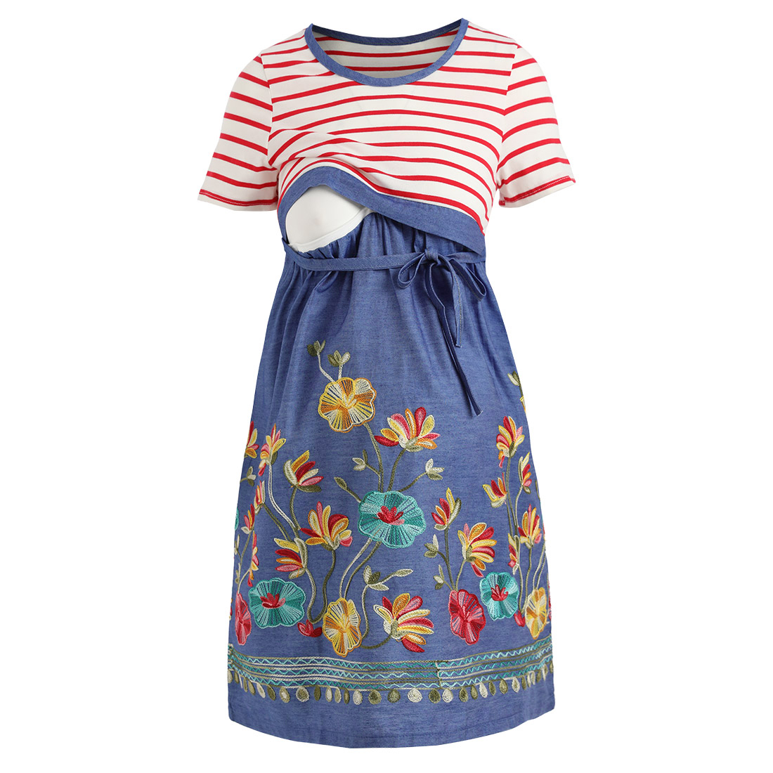 Striped Embroidered Denim Maternity Nursing Dress