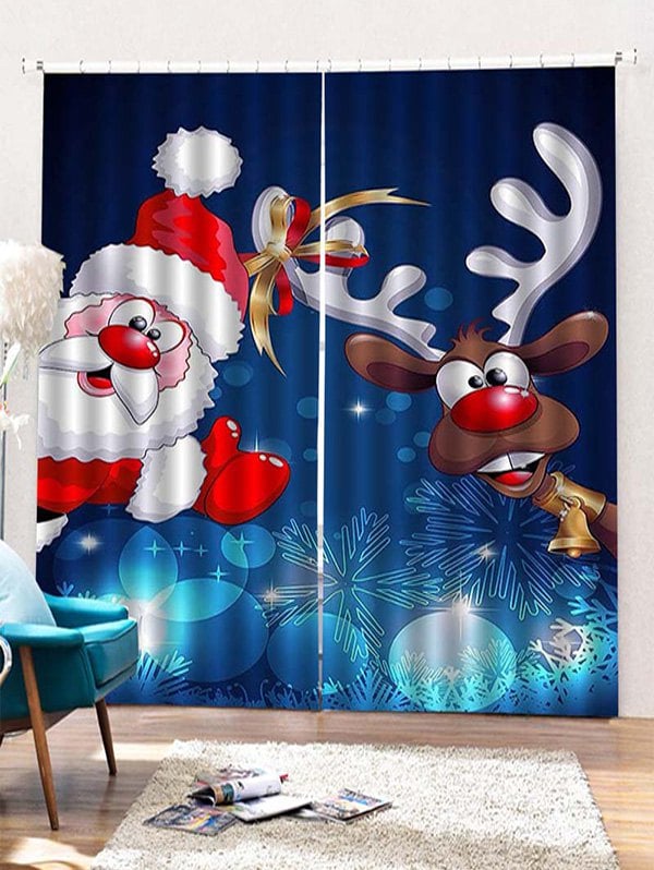 2 Panels Christmas Santa Elk Print Window Curtains