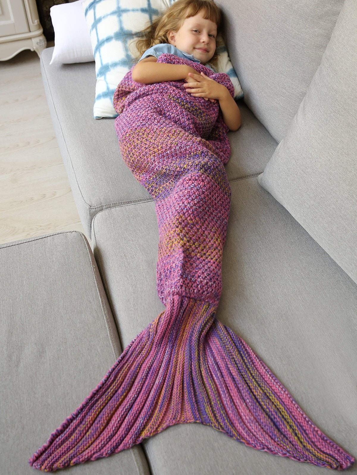 Winter Thicken Longer Color Block Design Knitted Wrap Kids Mermaid Tail Blanket