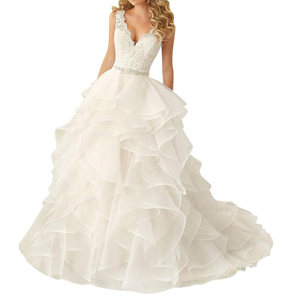 2021 New Sexy Deep Bow Neckline v Ruffle Dress Patterns the White Line Sleeveless Designer Wedding Gowns VXML