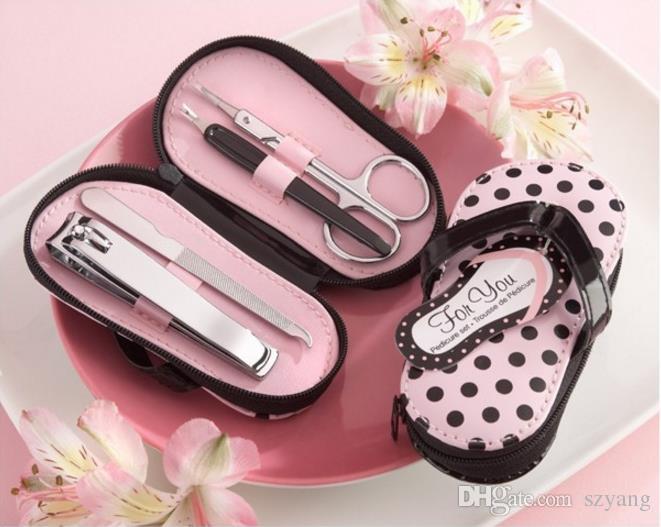 100sets slipper style Pink Polka Dot Purse Manicure Set Shower Favors Flip Flop Nail scissor Care Pedicure Set, free ship